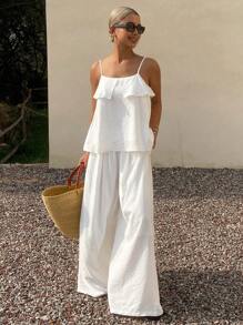 Livesso 2件套女士夏季白色时尚百搭休闲中性吊带连体裤，荷叶边度假风 - 白色 - 查看 3