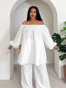 Veslaya Plus Size Loose White Long Jumpsuit, Open Shoulder Early Spring Vacation Casual - White - View 4