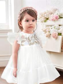 SHEIN Cute & Elegant Floral Embroidered Mesh Patchwork Ruffled Trim Spring/Summer Dress, Suitable For Birthday Party And Outing - White - View 2