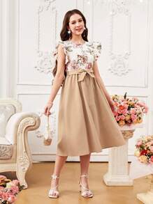 Elegant Short Floral Print Dress For Teen Girls, Ruffle Sleeve, V-Neck Lace Trim, Tie Waist High Low Hem Dress,Holiday,Summer,Travel - Khaki - View 5