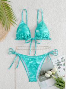 SHEIN Swim Conjunto de bikini con estampado de diseño aleatorio en las tiras - Multicolor - Ver 1