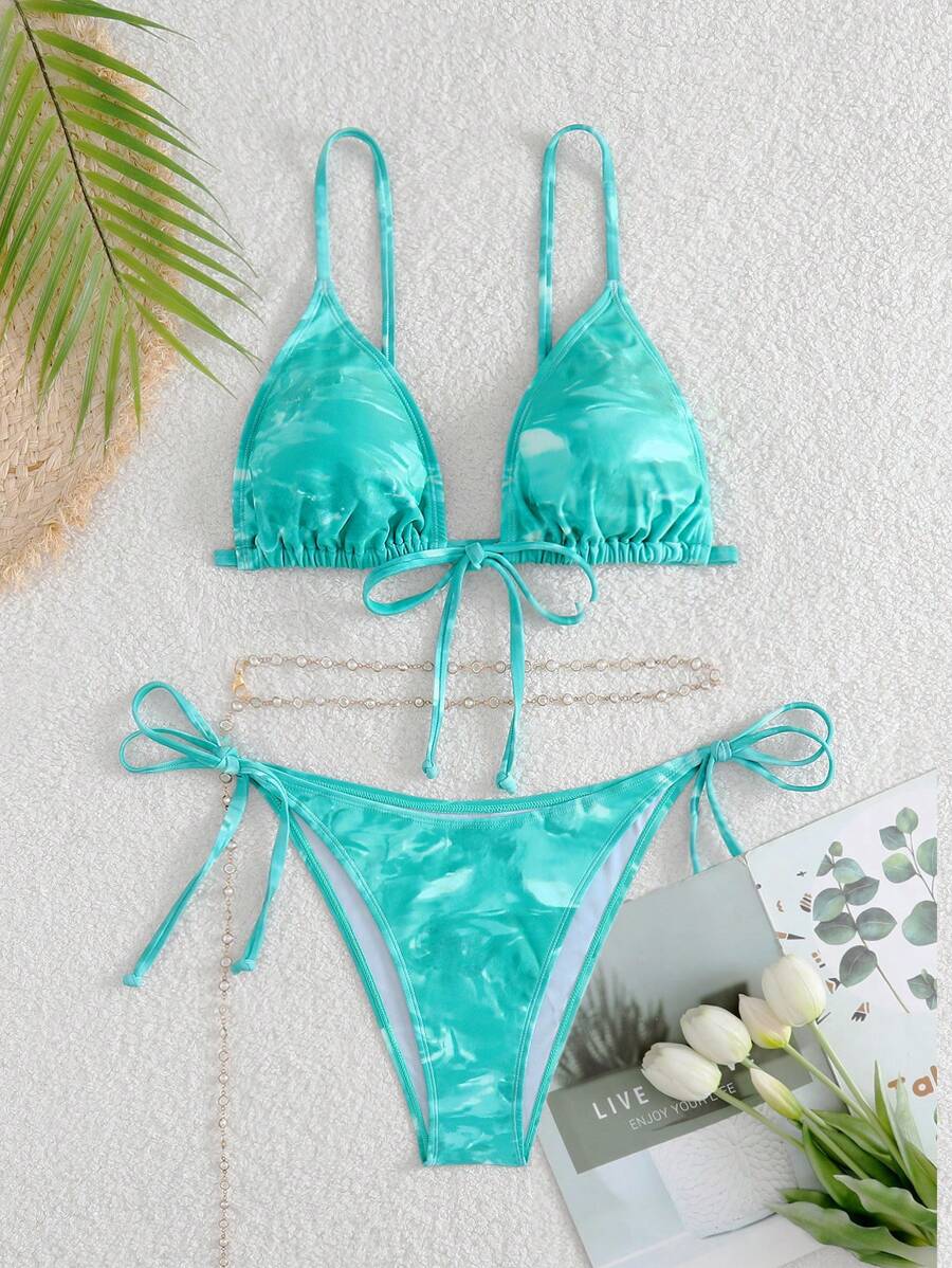 SHEIN Swim Conjunto de bikini con estampado de diseño aleatorio en las tiras - Multicolor - Ver 1