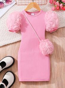 Young Girl' Solid Color Ribbed 3D Flower Decor Short Sleeve Casual Dress With Matching 3D Flower Handbag - Pink - View 1