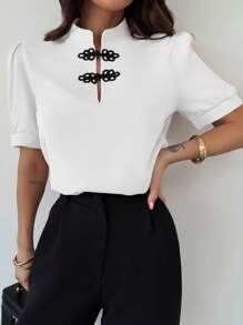 Firerie Women's Elegant Romantic Puff Sleeve Contrast Buttons Blouse, Spring/Summer, Suitable For Valentine's Day - White - View 8