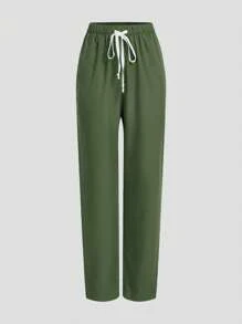 TaskEZ Uniform Set: V-Neck Short Sleeve Tailored Blouse And Drawstring Straight Leg Casual Pants - Olive Green - View 3