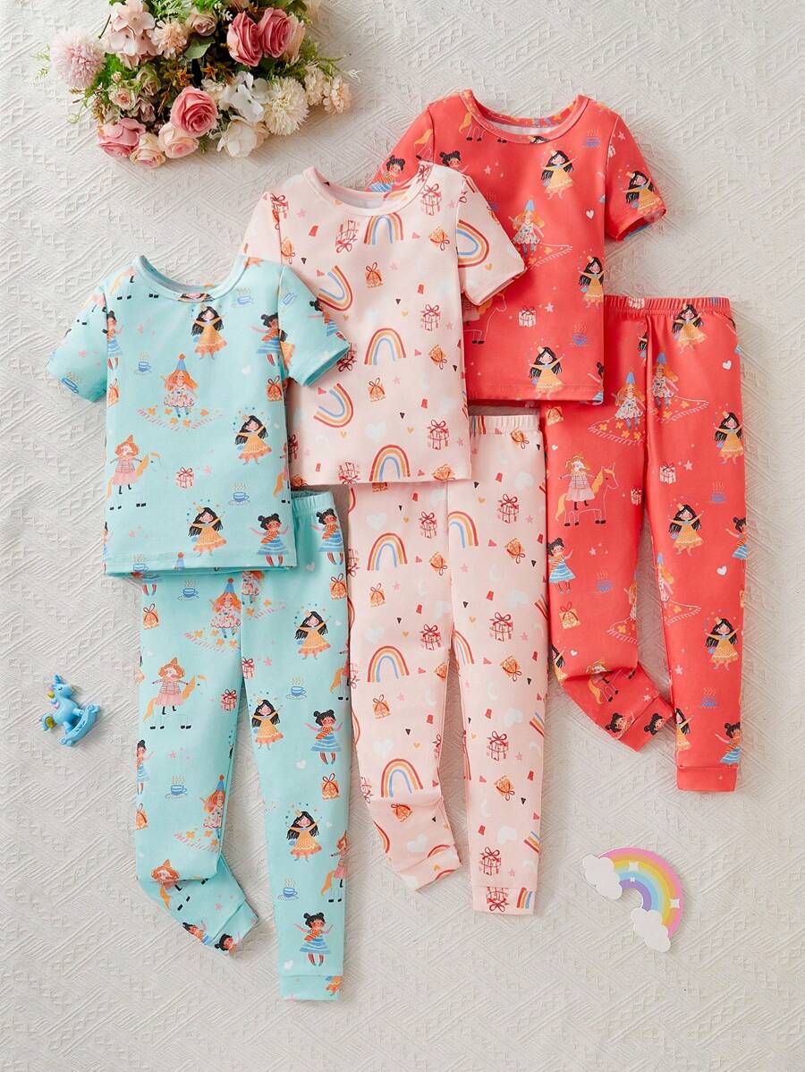 6pcs Young Girl Snug Fit Short Sleeve & Long Pants Pajamas Set - Multicolor - View 1
