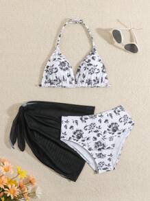 SHEIN Cute Tween Girl' Ditsy Floral Printed Triangle Top & Ruffled Skirt Swimwear Set (Print Style Random) - Multicolor - View 1