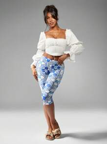 MISSGUIDED Mediterranean Tile Print Capri Leggings High Waist Compression Workout Summer Beach Vacation Resort Wear Cropped Athletic Pants Moisture Wicking Performance