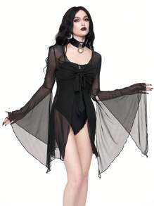 ROMWE Gothic Dark Bat Design Kimono Cover Up For Women - Black - View 4