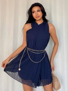 Calvaya Vestido elegante de unicolor con pliegues y cuello de halter para verano