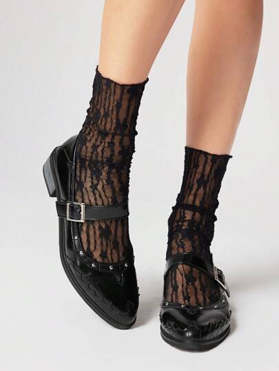 Goth Zapatos de tacón ancho con puntera cerrada tipo Mary Jane en color negro para mujer, con hebilla y correa, zapatos oxford formales para trabajo