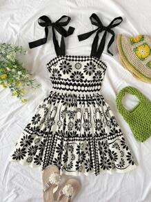 Truni Vestido mini acampanado de talla grande para mujer con estampado retro geométrico negro, tirantes y cintura ceñida para vacaciones - Multicolor - Ver 6