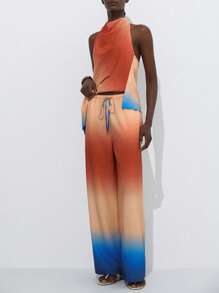 SHEIN Privé New European & American Fashion Ladies' Minimalist Generous Resort Leisurely Commuting Elegant Tie Dye Color Block High Neck Sleeveless Asymmetrical Blouse With Loose Wide Leg Pants 2 Pieces Set - Multicolor - View 5