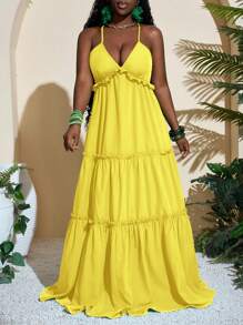Slaydiva Boho Vacation Casual Backless Halter Dress - Yellow - View 5