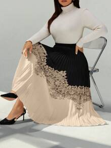 SHEIN LUNE Plus Size Elegant Contrast Color Patchwork Retro Print Pleated A-Line Skirt, Autumn Maxi Women - Multicolor - View 3