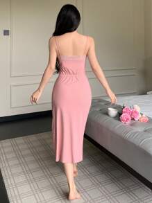 女士性感 V 领高开叉蕾丝边吊带裙 - 淺粉色 - 查看 4