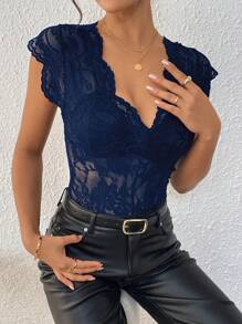 SHEIN Clasi Simple Commuter Women Lace Splice Cap Sleeve Bodysuit - Navy Blue - View 4