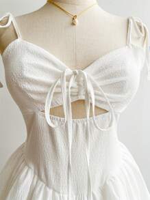 Soleia Vacation Casual Solid Color Hollow Out Spaghetti Strap Mini Dress - White - View 3