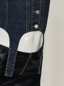 SHEIN ICON Y2k 女式露背不对称下摆露背 V 领牛仔上衣牛仔背心 - 深色水洗藍 - 查看 6