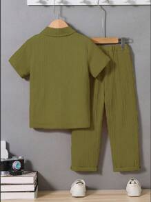 SHEIN 2pcs Toddler Boy Solid Color Short Sleeve Single-Breasted Shirt & Pants Casual Outfit Set - Army Green - View 2