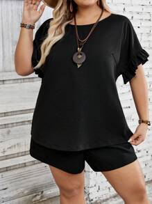 SHEIN CURVE+ Plus Size Women's Lace Batwing Blouse And Shorts Set, 2 Pieces Casual Vacation Outfits For Summer - Black - View 6