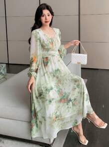 DAZY Vestido elegante de dama de media pantorrilla con estampado floral, cuello en V y mangas farol, vestido largo de manga larga para vacaciones, vestido de otoño para mujeres en Pascua - Verde - Ver 6