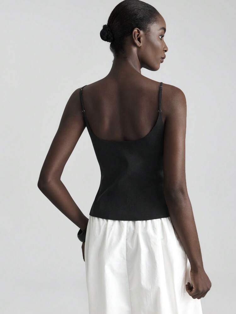 Music Festival, Concert, Country Music Festival, Women's Music Event, 2025 New Arrival, Vacation Style Spaghetti Strap Decor Black Base Knit Camisole Top, Versatile Daily Wear For Women, Spring/Summer