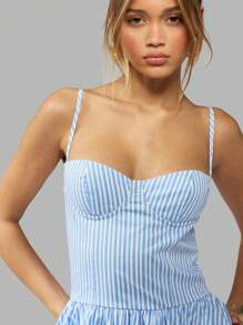 MISSGUIDED Bubble Hem Mini Dress Sweetheart Neckline Spaghetti Strap Summer Spring Fit And Flare Striped Cotton Blend Party Wedding Guest Sundress - Blue - View 5