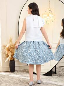 青春期女孩优雅两件套：不对称荷叶边袖子领衬衫和裙子 - 藍色 - 查看 2