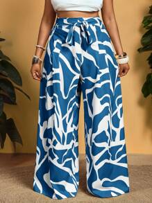 Slaydiva Plus Size Casual Allover Print Wide Leg Pants - Blue - View 7