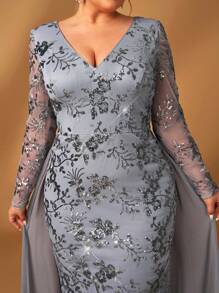 Serin Vestido largo de gasa con parches, cuello en V, manga media, cola de pez y lentejuelas brillantes gris para mujeres de talla grande, adecuado para bodas, galas, fiestas y vestido formal para la madre de la novia - Gris - Ver 3