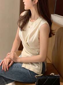 DAZY Áo len dệt kim không tay cổ tròn bất đối xứng màu trơn cho nữ, màu mơ, xuân/hè - Màu be - Xem 8