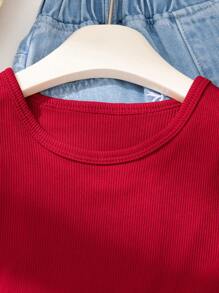 Genkimix Kids 小女孩幼儿夏季罗纹背心韩版可爱拼接无袖衬衫蝴蝶刺绣和宽松直筒牛仔裤两件套 - 酒紅色 - 查看 8