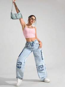 SHEIN EZwear Women's Loose Cargo Pocket Wide Leg Casual Denim Jeans - Light Wash - View 6