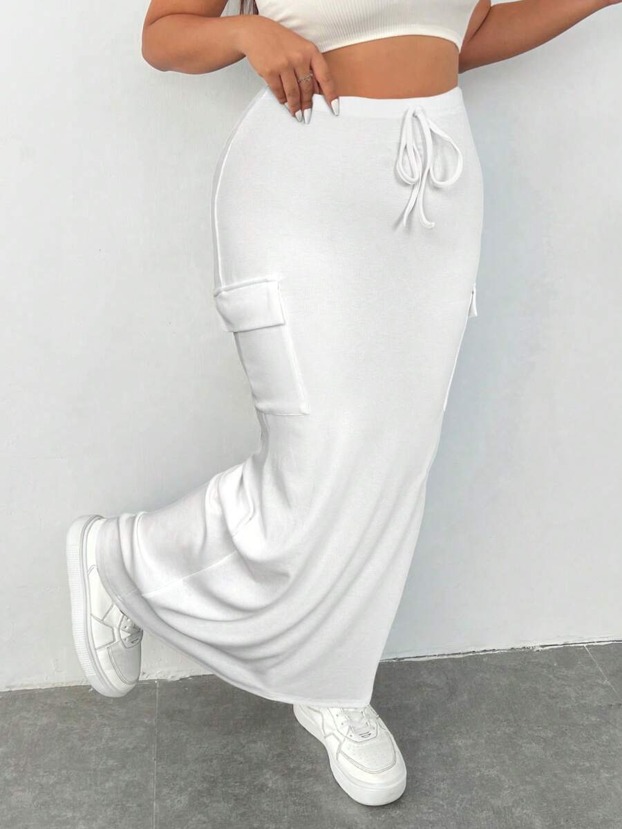 SHEIN EZwear 大码女式休闲高腰系带白色工装中长裙 - 白色 - 查看 1