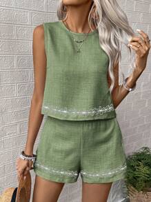 EMERY ROSE Women's Woven Leisure Vacation Summer Two Pieces Set - Army Green - View 6