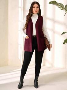 EMERY ROSE Plus Size Jednolity kolor Bez rękawów Luźna kieszeń Prosta swobodna kurtka, Wiosna/Lato