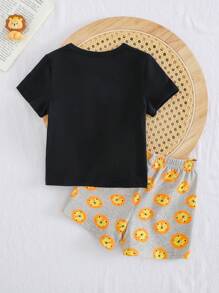 Cozy Pixies Baby Boy Cartoon Animal Pattern Knitted Soft Crew Neck Short Sleeve Top And Elastic Waist Shorts 2pcs Set