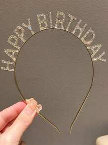 SHEIN 1 pieza Diadema con decoración de letra de strass, aro para el cabello dorado, para fiesta de cumpleaños, Navidad