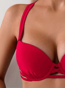 Swim Vcay Vacation Beach Solid Color Backless Halter Bikini Top For Summer - Red - View 3