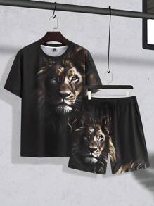 Manfinity LEGND 男士狮子图案圆领短袖休闲 T 恤和抽绳腰短裤套装