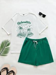 Manfinity VCAY 2pcs Unisex Casual Coconut Tree Island Graphic Loose Short Sleeve T-Shirt & Drawstring Waist Straight Shorts Set, Suitable For Daily Wear, Vacation Clothes