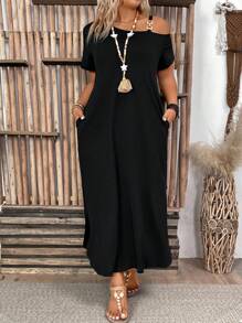 SHEIN PETITE Vestido diario sólido y simple para mujeres de talla grande, atuendo de mujer maxi para el Día de Acción de Gracias, de hombros descubiertos, atuendo de mujer para el verano