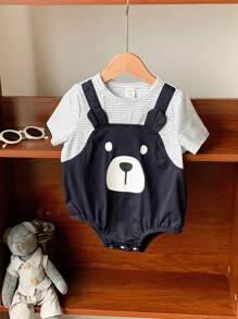 SHEIN Tutina casual sportiva e carina per bambini e bambine, in maglia larga a righe e patchwork, adatta per primavera ed estate, da indossare dentro e fuori casa