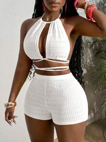 Slaydiva Beach Outfits For Woman New Spring And Summer Casual Holiday Halter Neck Strapless Backless Chest Cross Strap Short Vest + Slim Super Mini Shorts Yellow Wavy Texture Fabric See-Through Women's Two Pieces Set Island Vacation Outfits