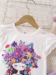SHEIN 2 Stücke/Set, Cartoon-Muster Rundhals Kurzarm Top und weit geschnittene Plissee-Hose für Kleine Mädchen, lässiger Outfit