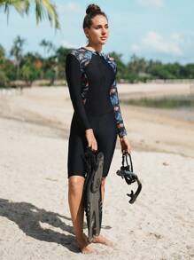 SHEIN Swim Women Standard Size Black Leaf Print Zip Front Sleeveless Jumpsuits Beachwear For Summer, Surfing - Multicolor - View 2