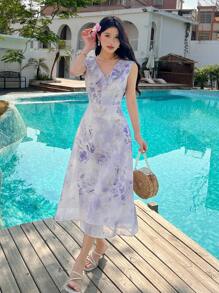 xheDAZY Vestido de mujer con estampado floral, volantes y abertura en el bajo para vacaciones y Pascuaxhe - Morado - Ver 6