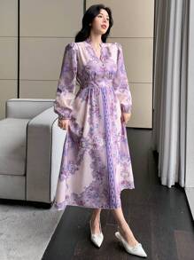 DAZY Vestido elegante midi con mangas abullonadas y abotonado para mujeres con estampado floral