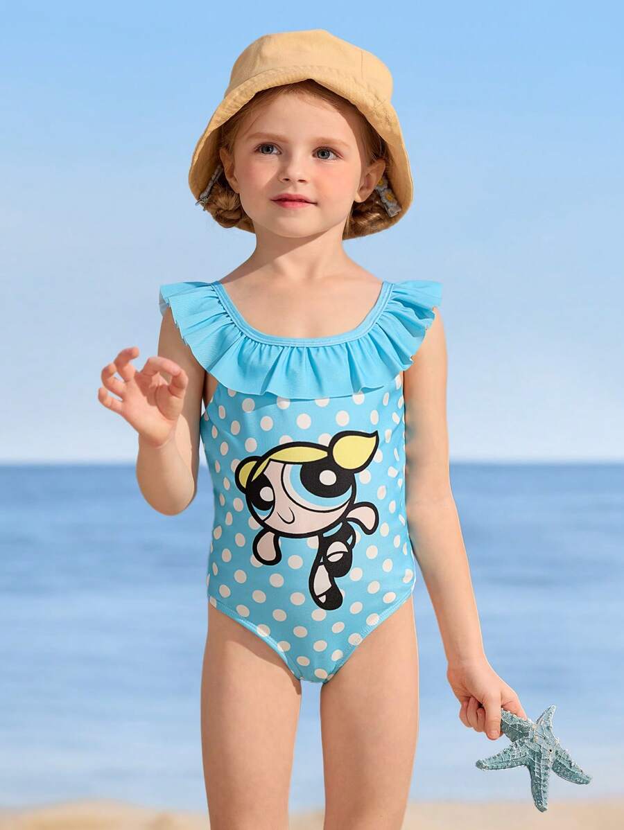 THE POWERPUFF GIRLS X SHEIN 年轻女孩可爱卡通甜美休闲蓝色波尔卡圆点和金凤花印花荷叶边连体泳衣 - 藍色 - 查看 1